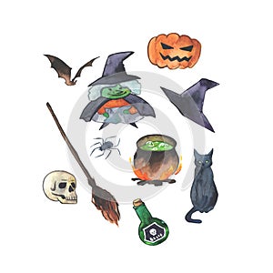 Beautiful Hand drawn watercolor Halloween illustration with Ã¢â¬ÅThe WitchÃ¢â¬â¢ caracter photo